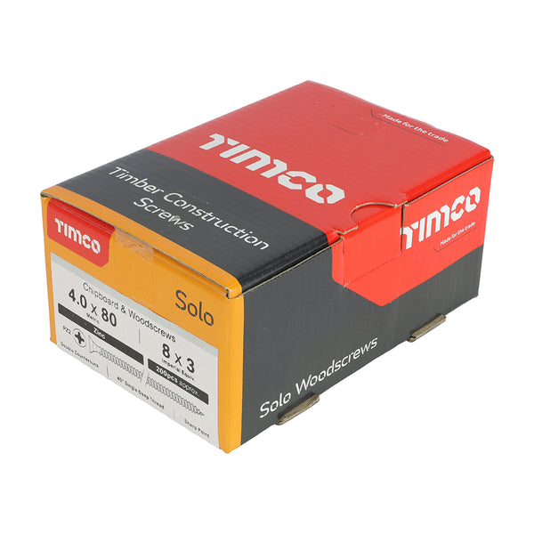 Timco Solo Chipboard & Woodscrews - PZ - Double Countersunk - Zinc 4.0 x 80 - 200 Pieces