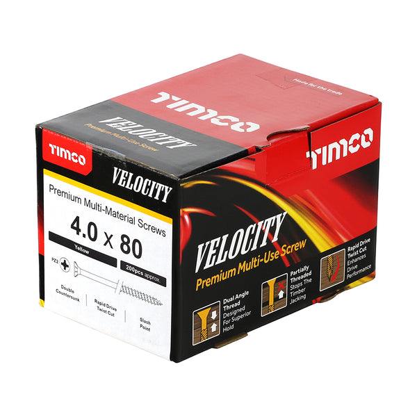 Timco Velocity Premium Multi-Use Screws - PZ - Double Countersunk - Yellow 4.0 x 80 - 200 Pieces