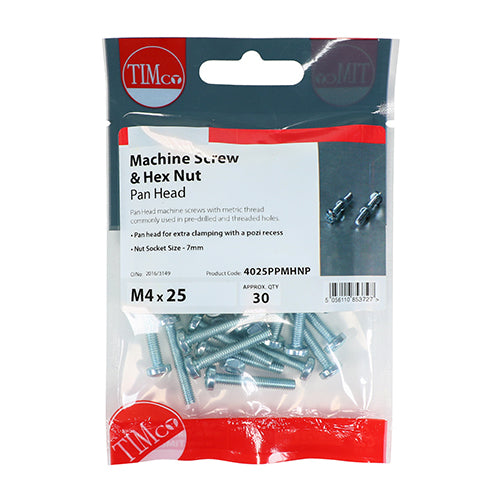 Timco Machine Screws - PZ - Pan & Hex Nuts - Zinc M4 x 12 - 40 Pieces