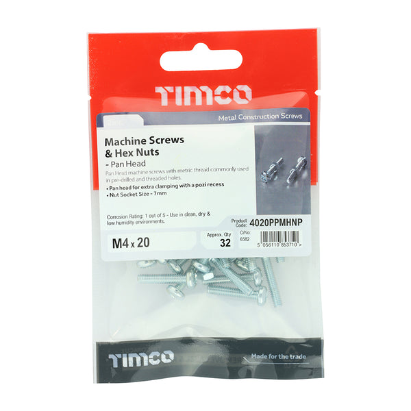 Timco Machine Screws - PZ - Pan & Hex Nuts - Zinc M4 x 20 - 32 Pieces