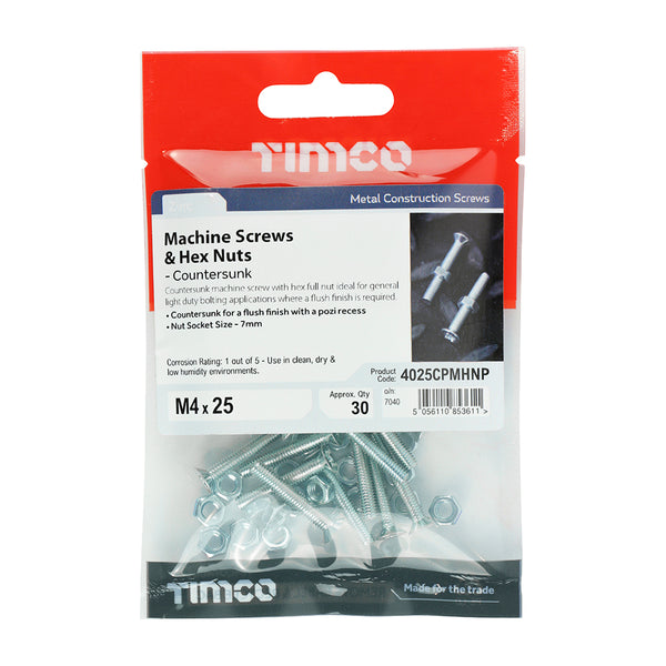 Timco Machine Screws - PZ - Countersunk & Hex Nuts - Zinc M4 x 25 - 30 Pieces