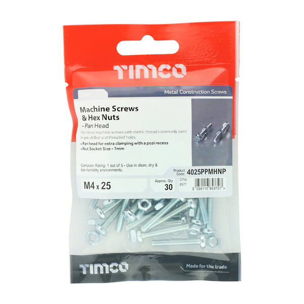 Timco Machine Screws - PZ - Pan & Hex Nuts - Zinc M4 x 25 - 30 Pieces