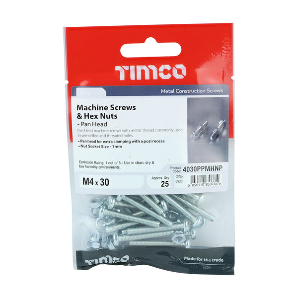 Timco Machine Screws - PZ - Pan & Hex Nuts - Zinc M4 x 30 - 25 Pieces