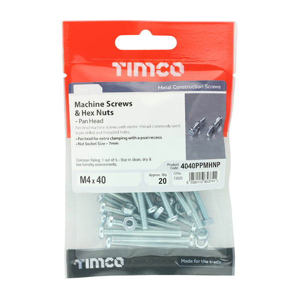 Timco Machine Screws - PZ - Pan & Hex Nuts - Zinc M4 x 40 - 20 Pieces