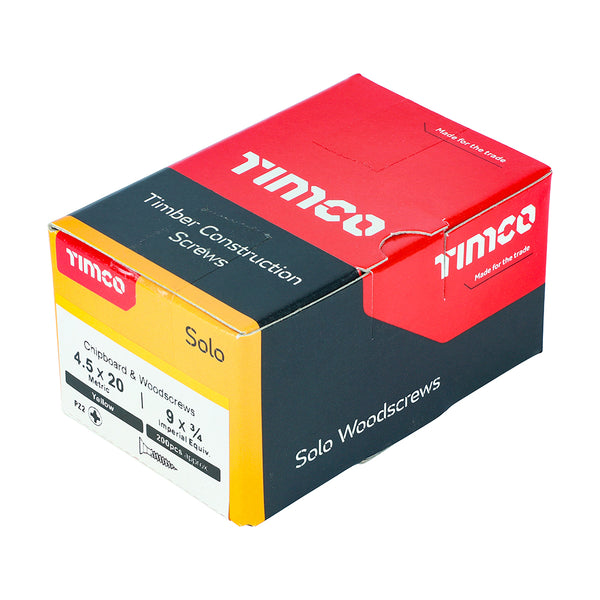 Timco Solo Chipboard & Woodscrews - PZ - Double Countersunk - Yellow 4.5 x 20 - 200 Pieces