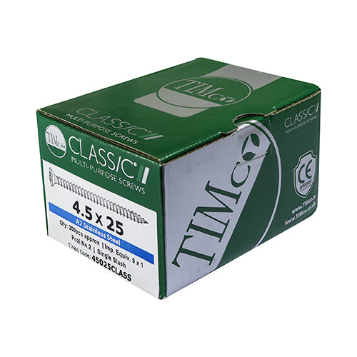 Timco Classic Multi-Purpose Screws - PZ - Double Countersunk - A2 Stainless Steel 4.5 x 25 - 200 Pieces