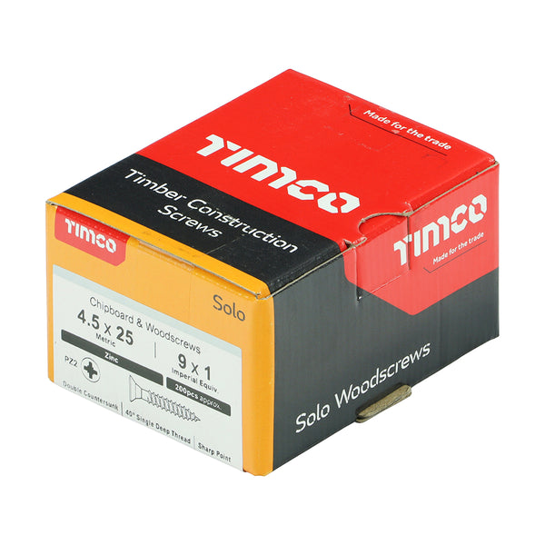 Timco Solo Chipboard & Woodscrews - PZ - Double Countersunk - Zinc 4.5 x 25 - 200 Pieces