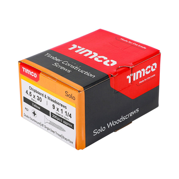 Timco Solo Chipboard & Woodscrews - PZ - Double Countersunk - Yellow 4.5 x 30 - 200 Pieces