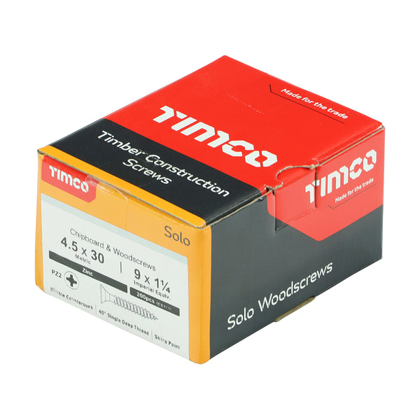Timco Solo Chipboard & Woodscrews - PZ - Double Countersunk - Zinc 4.5 x 30 - 200 Pieces