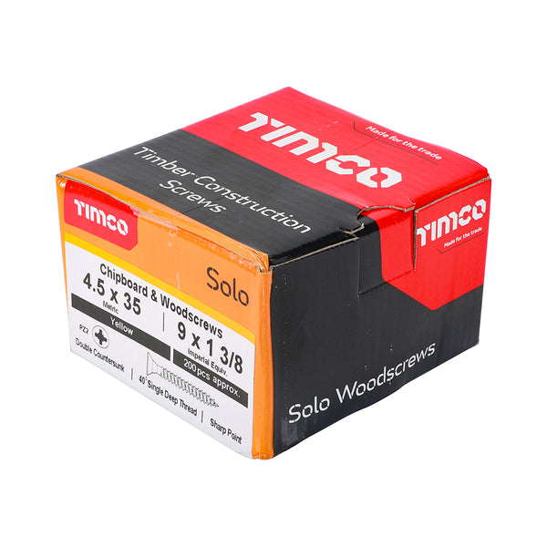Timco Solo Chipboard & Woodscrews - PZ - Double Countersunk - Yellow 4.5 x 35 - 200 Pieces