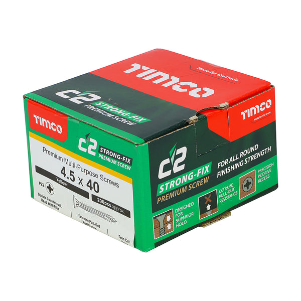 Timco C2 Strong-Fix Multi-Purpose Premium Screws - PZ - Double Countersunk - Yellow 4.5 x 40 - 200 Pieces