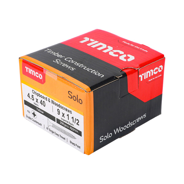 Timco Solo Chipboard & Woodscrews - PZ - Double Countersunk - Yellow 4.5 x 40 - 200 Pieces