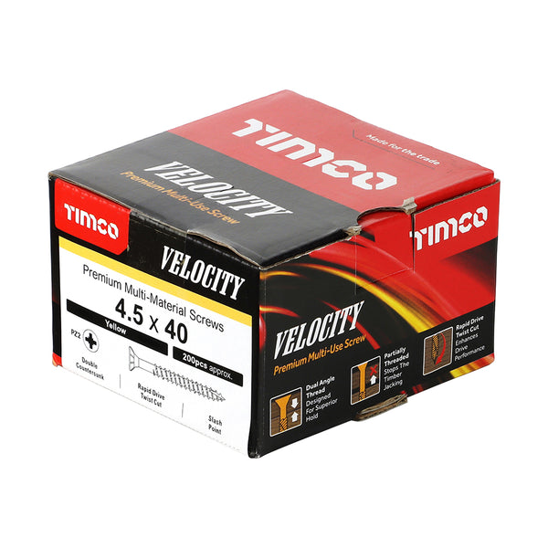 Timco Velocity Premium Multi-Use Screws - PZ - Double Countersunk - Yellow 4.5 x 40 - 200 Pieces