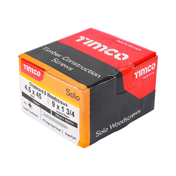 Timco Solo Chipboard & Woodscrews - PZ - Double Countersunk - Yellow 4.5 x 45 - 200 Pieces