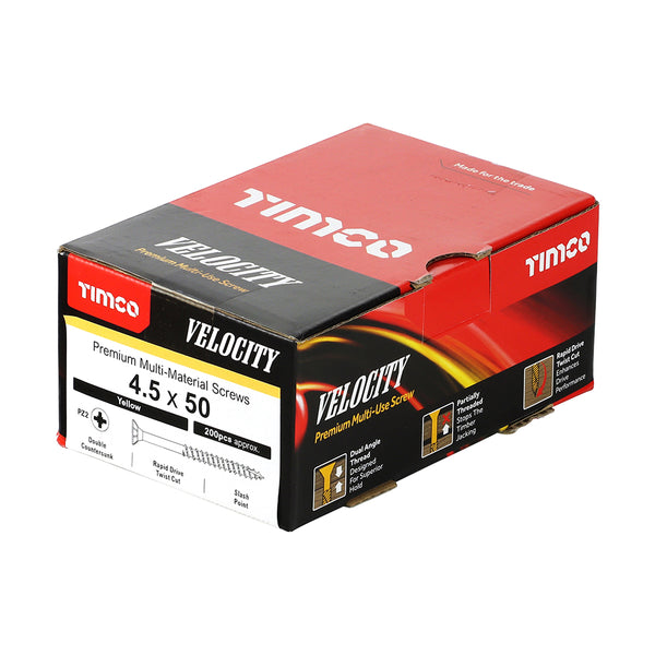 Timco Velocity Premium Multi-Use Screws - PZ - Double Countersunk - Yellow 4.5 x 50 - 200 Pieces
