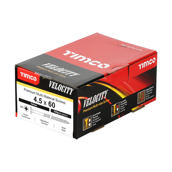 Timco Velocity Premium Multi-Use Screws - PZ - Double Countersunk - Yellow 4.5 x 60 - 200 Pieces