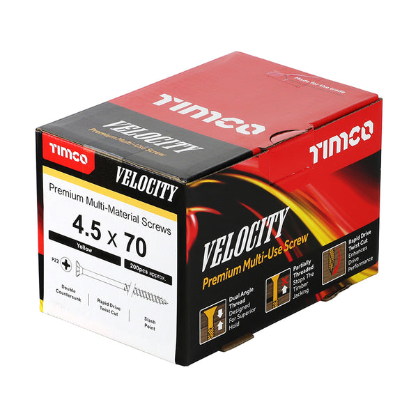 Timco Velocity Premium Multi-Use Screws - PZ - Double Countersunk - Yellow 4.5 x 70 - 200 Pieces