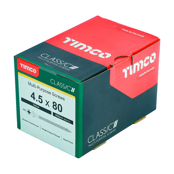 Timco Classic Multi-Purpose Screws - PZ - Double Countersunk - Yellow 4.5 x 80 - 200 Pieces