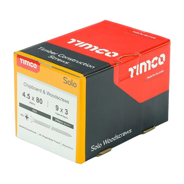 Timco Solo Chipboard & Woodscrews - PZ - Double Countersunk - Zinc 4.5 x 80 - 200 Pieces