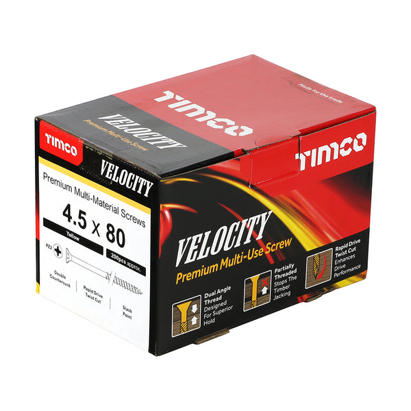 Timco Velocity Premium Multi-Use Screws - PZ - Double Countersunk - Yellow 4.5 x 80 - 200 Pieces