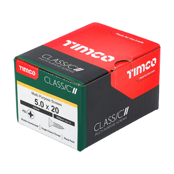 Timco Classic Multi-Purpose Screws - PZ - Double Countersunk - Yellow 5.0 x 20 - 200 Pieces