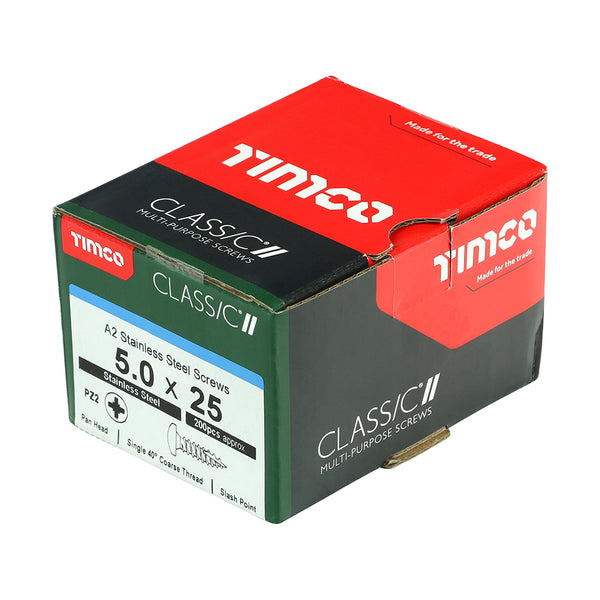 Timco Classic Multi-Purpose Screws - PZ - Pan Head - A2 Stainless Steel 5.0 x 25 - 200 Pieces