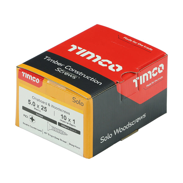 Timco Solo Chipboard & Woodscrews - PZ - Double Countersunk - Yellow 5.0 x 25 - 200 Pieces