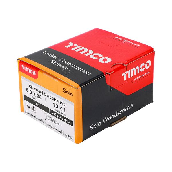Timco Solo Chipboard & Woodscrews - PZ - Double Countersunk - Zinc 5.0 x 25 - 200 Pieces