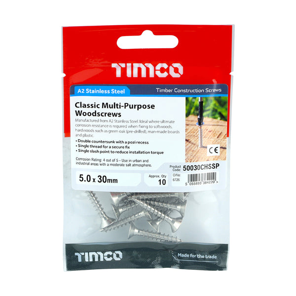 Timco Classic Multi-Purpose Screws - PZ - Double Countersunk - Stainless Steel 5.0 x 30 - 10 Pieces