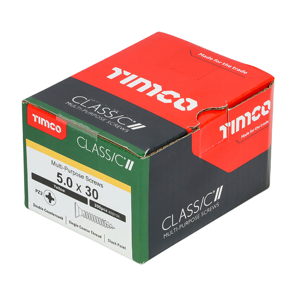 Timco Classic Multi-Purpose Screws - PZ - Double Countersunk - Yellow 5.0 x 30 - 200 Pieces
