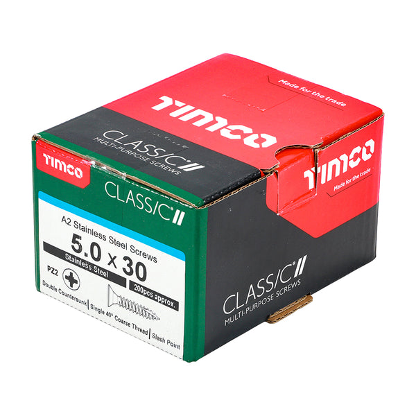 Timco Classic Multi-Purpose Screws - PZ - Double Countersunk - A2 Stainless Steel 5.0 x 30 - 200 Pieces