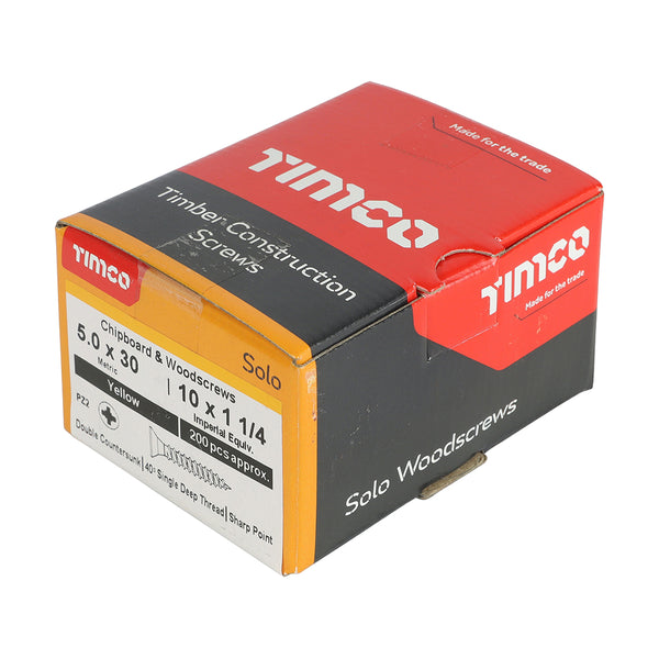 Timco Solo Chipboard & Woodscrews - PZ - Double Countersunk - Yellow 5.0 x 30 - 200 Pieces