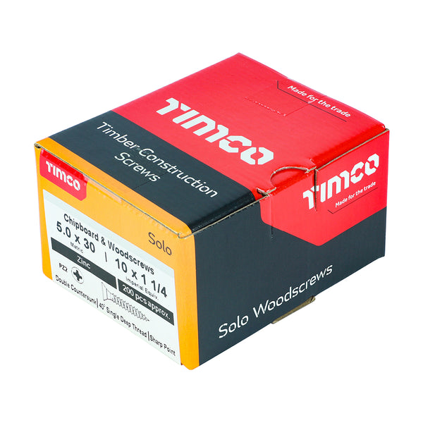 Timco Solo Chipboard & Woodscrews - PZ - Double Countersunk - Zinc 5.0 x 30 - 200 Pieces