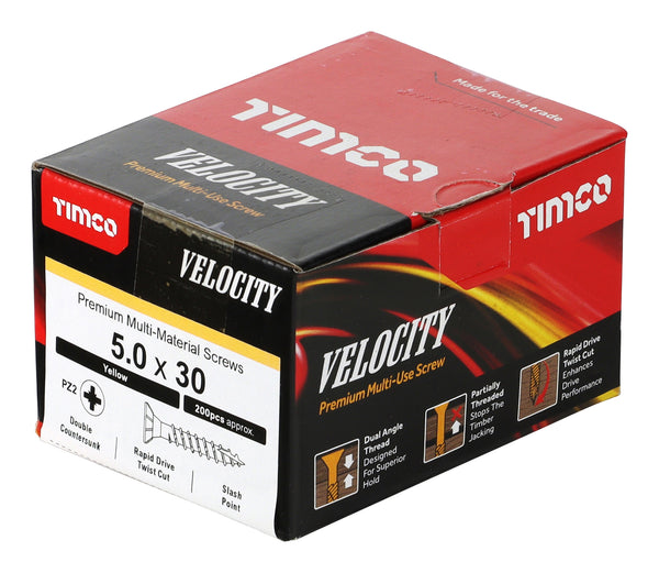 Timco Velocity Premium Multi-Use Screws - PZ - Double Countersunk - Yellow 5.0 x 30 - 200 Pieces