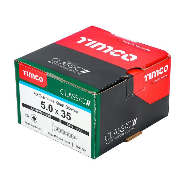 Timco Classic Multi-Purpose Screws - PZ - Double Countersunk - A2 Stainless Steel 5.0 x 35 - 200 Pieces