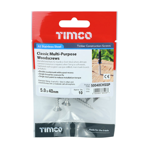 Timco Classic Multi-Purpose Screws - PZ - Double Countersunk - Stainless Steel 5.0 x 40 - 10 Pieces
