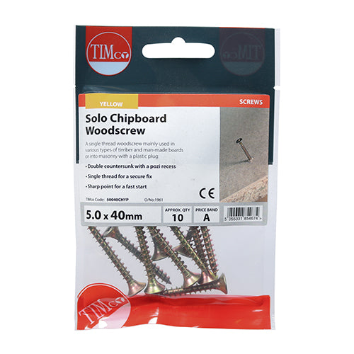 Timco Solo Woodscrews - PZ - Double Countersunk - Yellow 5.0 x 40 - 10 Pieces