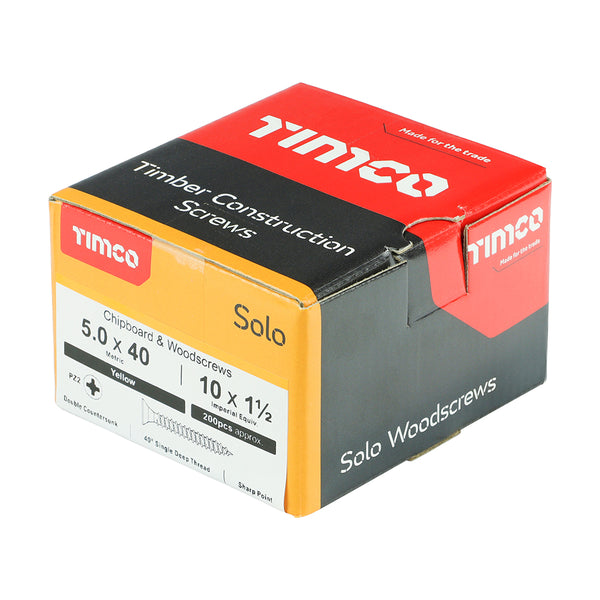 Timco Solo Chipboard & Woodscrews - PZ - Double Countersunk - Yellow 5.0 x 40 - 200 Pieces