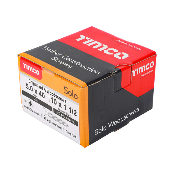 Timco Solo Chipboard & Woodscrews - PZ - Double Countersunk - Zinc 5.0 x 40 - 200 Pieces