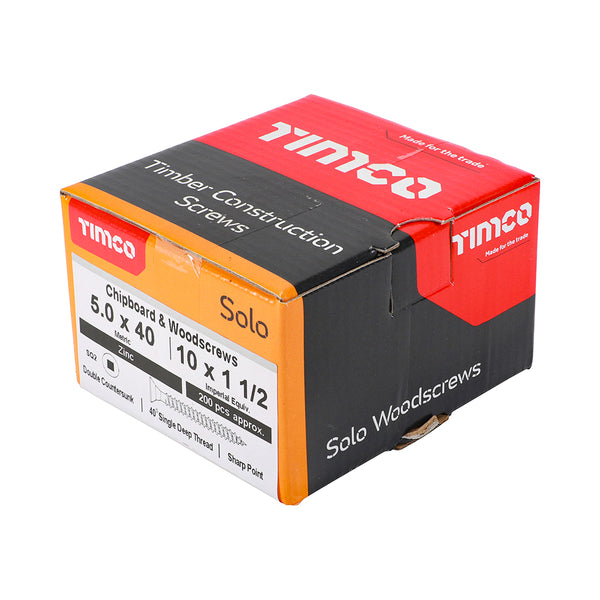 Timco Solo Chipboard & Woodscrews - SQ - Double Countersunk - Zinc 5.0 x 40 - 200 Pieces
