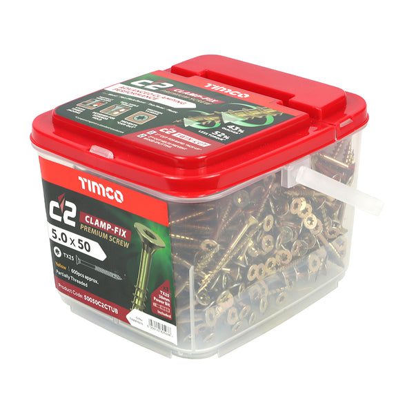 Timco C2 Clamp-Fix Premium Clamping Multi-Purpose Screws - TX - Double Countersunk - Yellow 5.0 x 50 - 600 Pieces