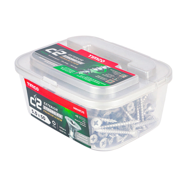 Timco C2 Strong-Fix Exterior Multi-Purpose Premium Screws - PZ - Double Countersunk - Silver 5.0 x 50 - 180 Pieces