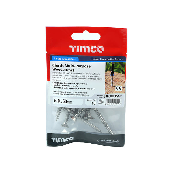 Timco Classic Multi-Purpose Screws - PZ - Double Countersunk - Stainless Steel 5.0 x 50 - 10 Pieces