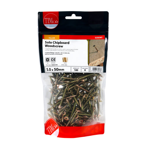 Timco Solo Woodscrews - PZ - Double Countersunk - Yellow 5.0 x 50 - 180 Pieces