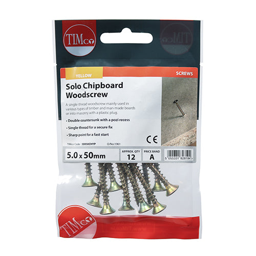 Timco Solo Woodscrews - PZ - Double Countersunk - Yellow 5.0 x 50 - 12 Pieces