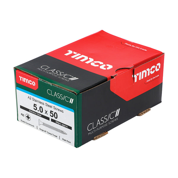 Timco Classic Multi-Purpose Screws - PZ - Double Countersunk - A2 Stainless Steel 5.0 x 50 - 200 Pieces