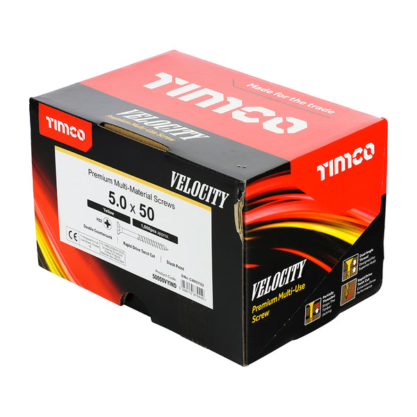 Timco Velocity Premium Multi-Use Screws - PZ - Double Countersunk - Yellow 5.0 x 50 - 1000 Pieces