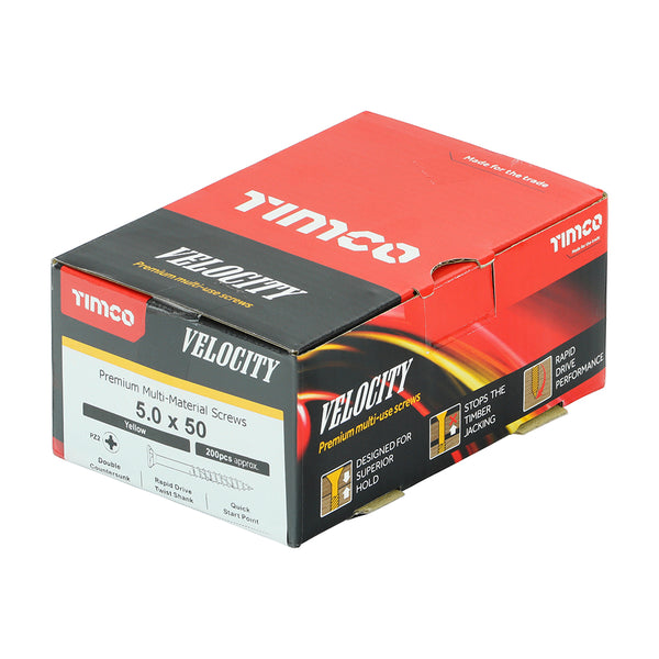 Timco Velocity Premium Multi-Use Screws - PZ - Double Countersunk - Yellow 5.0 x 50 - 200 Pieces