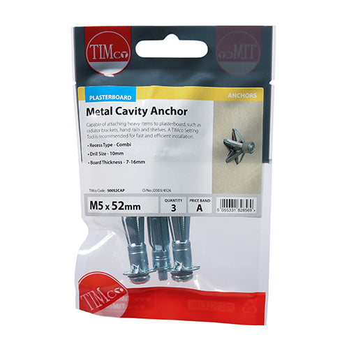 Timco Metal Cavity Anchors - Zinc M5 x 52 (60mm Screw) - 3 Pieces