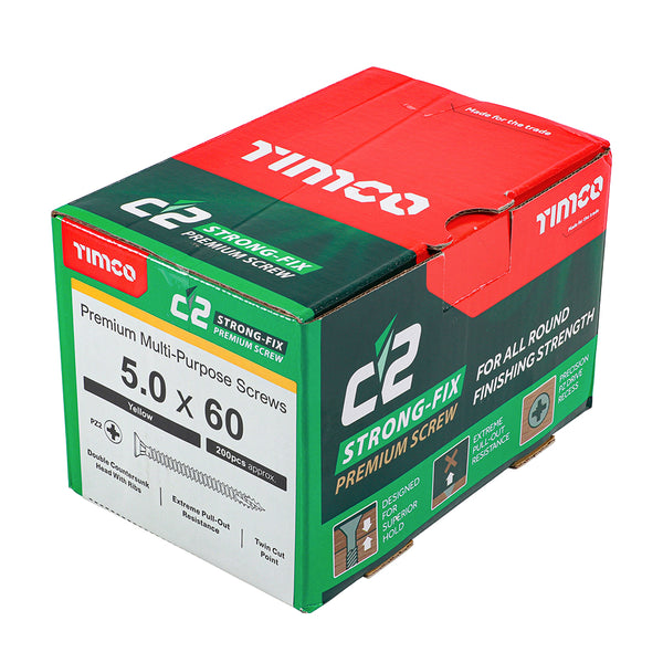 Timco C2 Strong-Fix Multi-Purpose Premium Screws - PZ - Double Countersunk - Yellow 5.0 x 60 - 200 Pieces